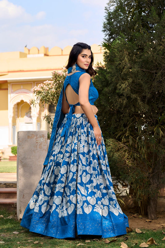 Comely Royal Blue Tussar Silk Floral Printed Lehenga Choli Set - Ethnicwish