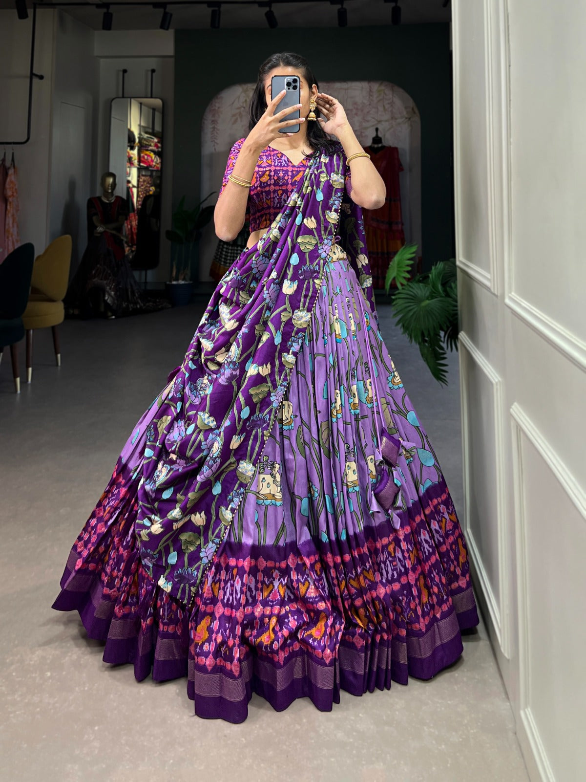 Amazing Tussar Silk Patola Printed Lehenga Choli Set - Ethnicwish