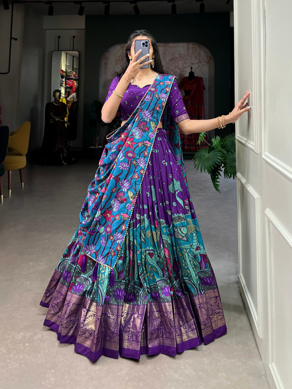 Stunning Tussar Silk Kalamkari Printed Foil Worked Lehenga Choli - Ethnicwish
