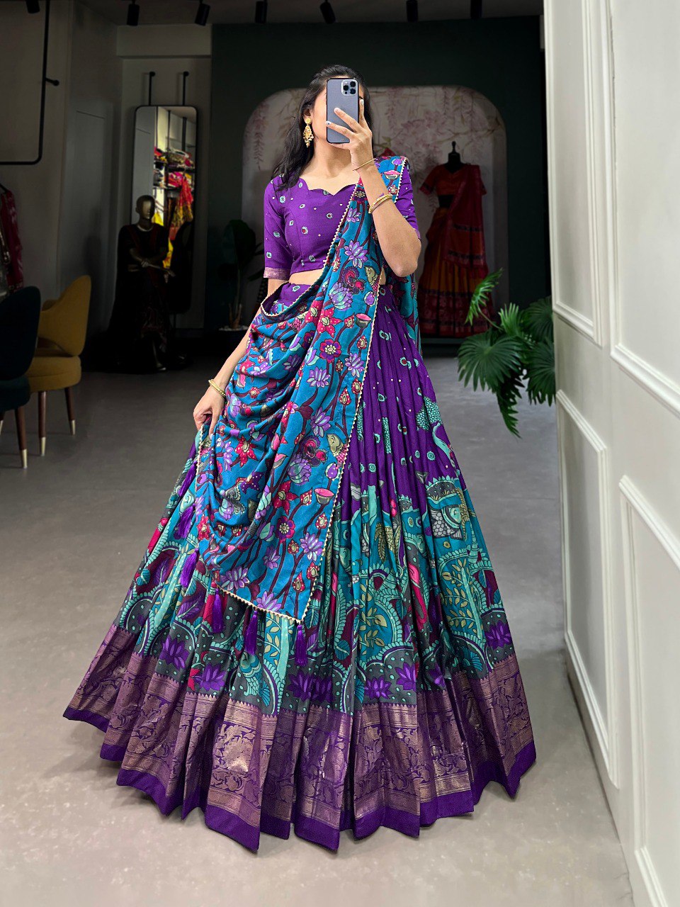Stunning Tussar Silk Kalamkari Printed Foil Worked Lehenga Choli - Ethnicwish