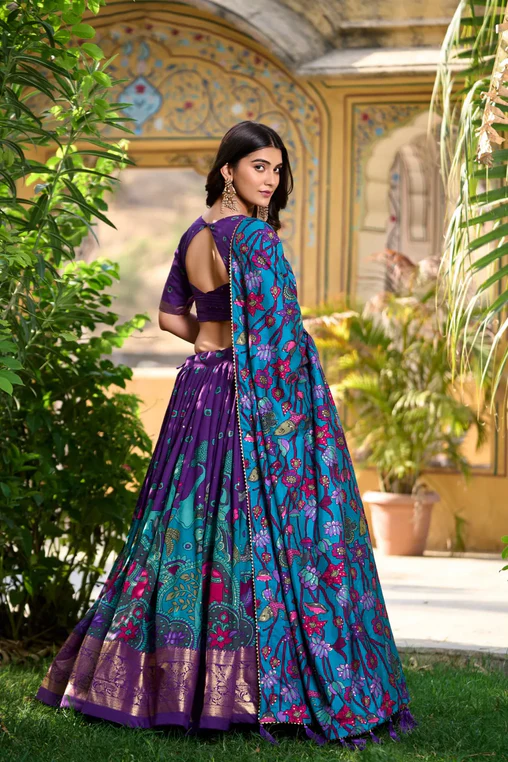 Stunning Tussar Silk Kalamkari Printed Foil Worked Lehenga Choli - Ethnicwish