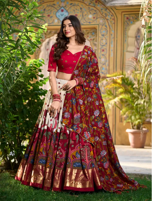 Stunning Tussar Silk Kalamkari Printed Foil Worked Lehenga Choli - Ethnicwish