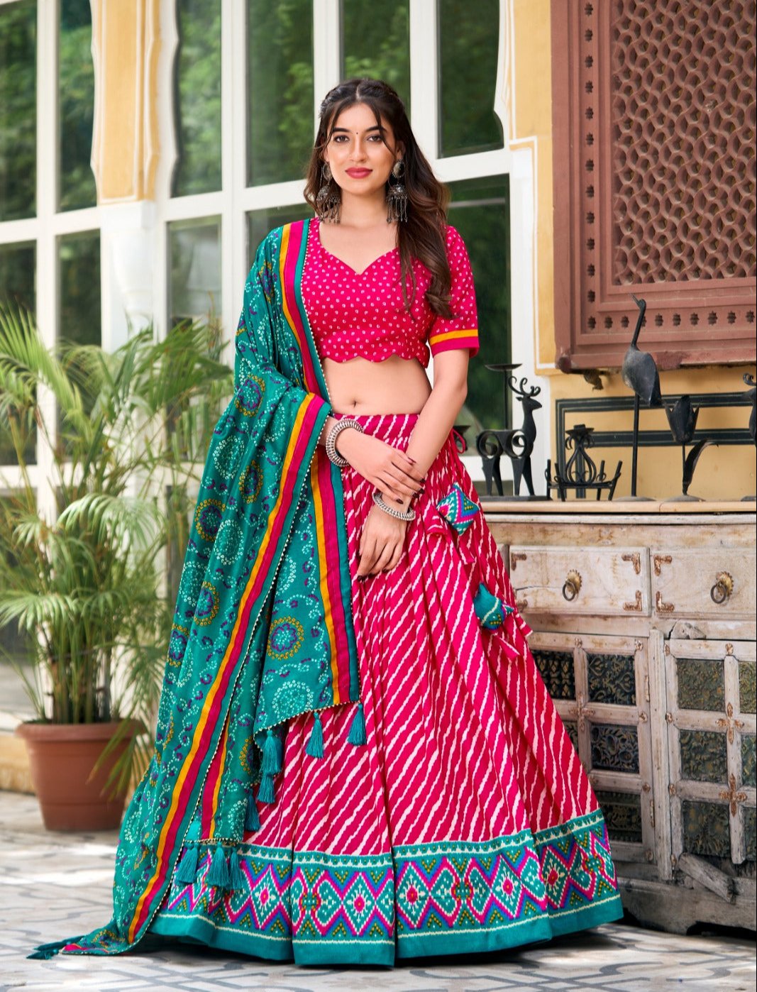 Leheriya With Patola Printed Tussar Silk Lehenga Choli Set - Ethnicwish