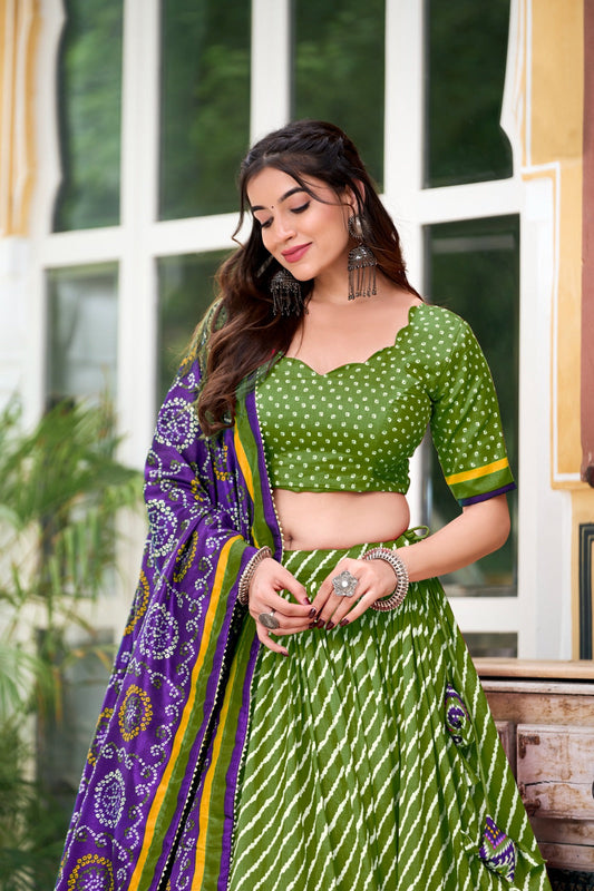 Leheriya With Patola Printed Tussar Silk Lehenga Choli Set - Ethnicwish