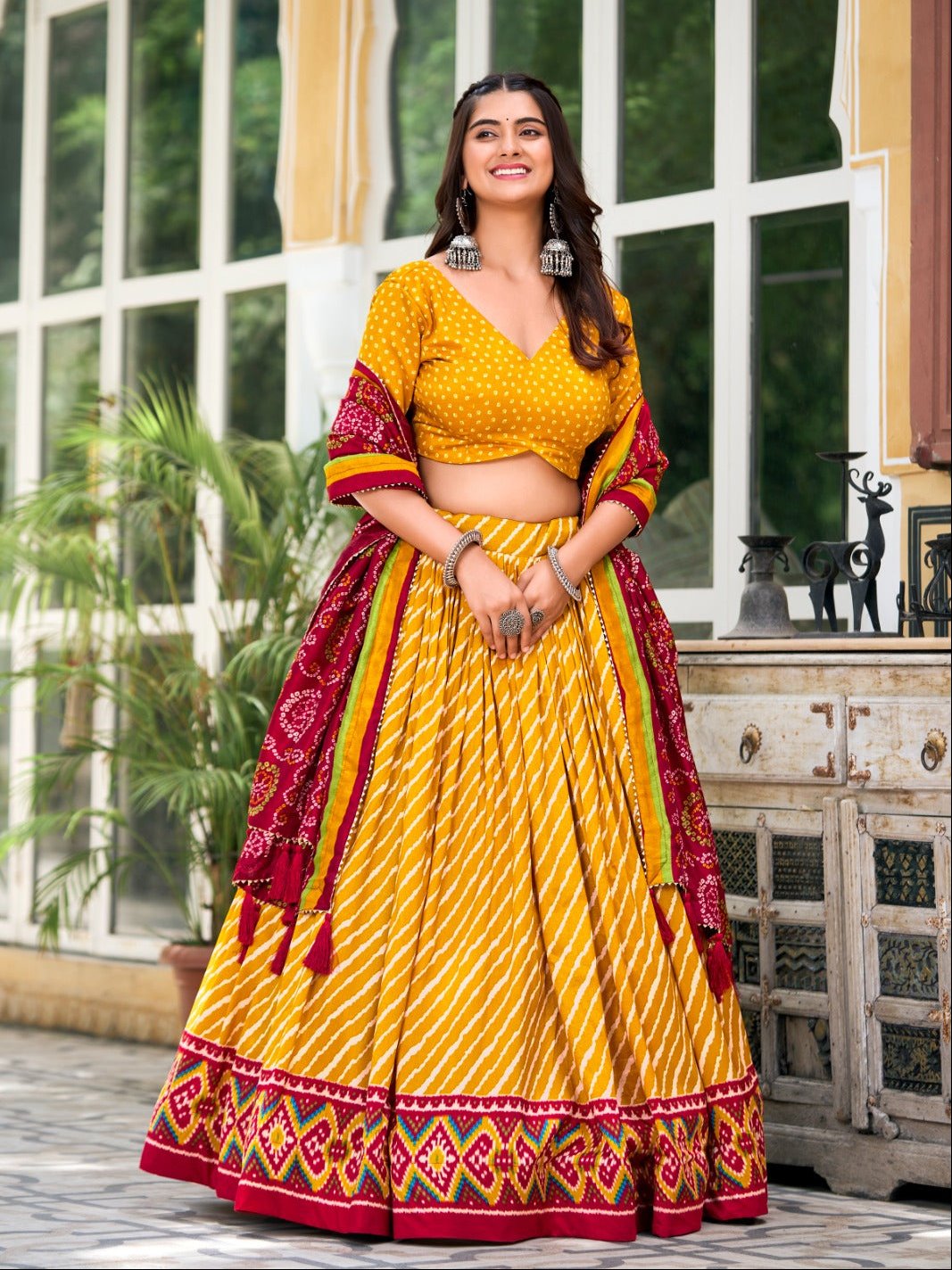 Leheriya With Patola Printed Tussar Silk Lehenga Choli Set - Ethnicwish