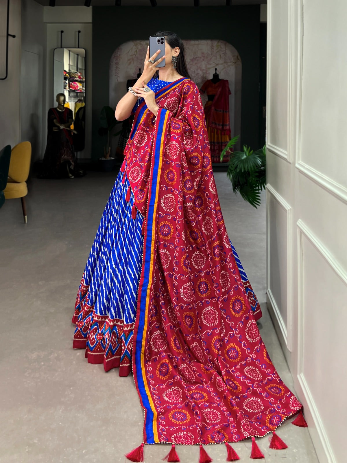 Leheriya With Patola Printed Tussar Silk Lehenga Choli Set - Ethnicwish
