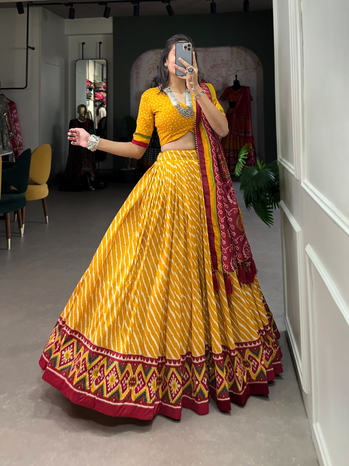 Leheriya With Patola Printed Tussar Silk Lehenga Choli Set - Ethnicwish