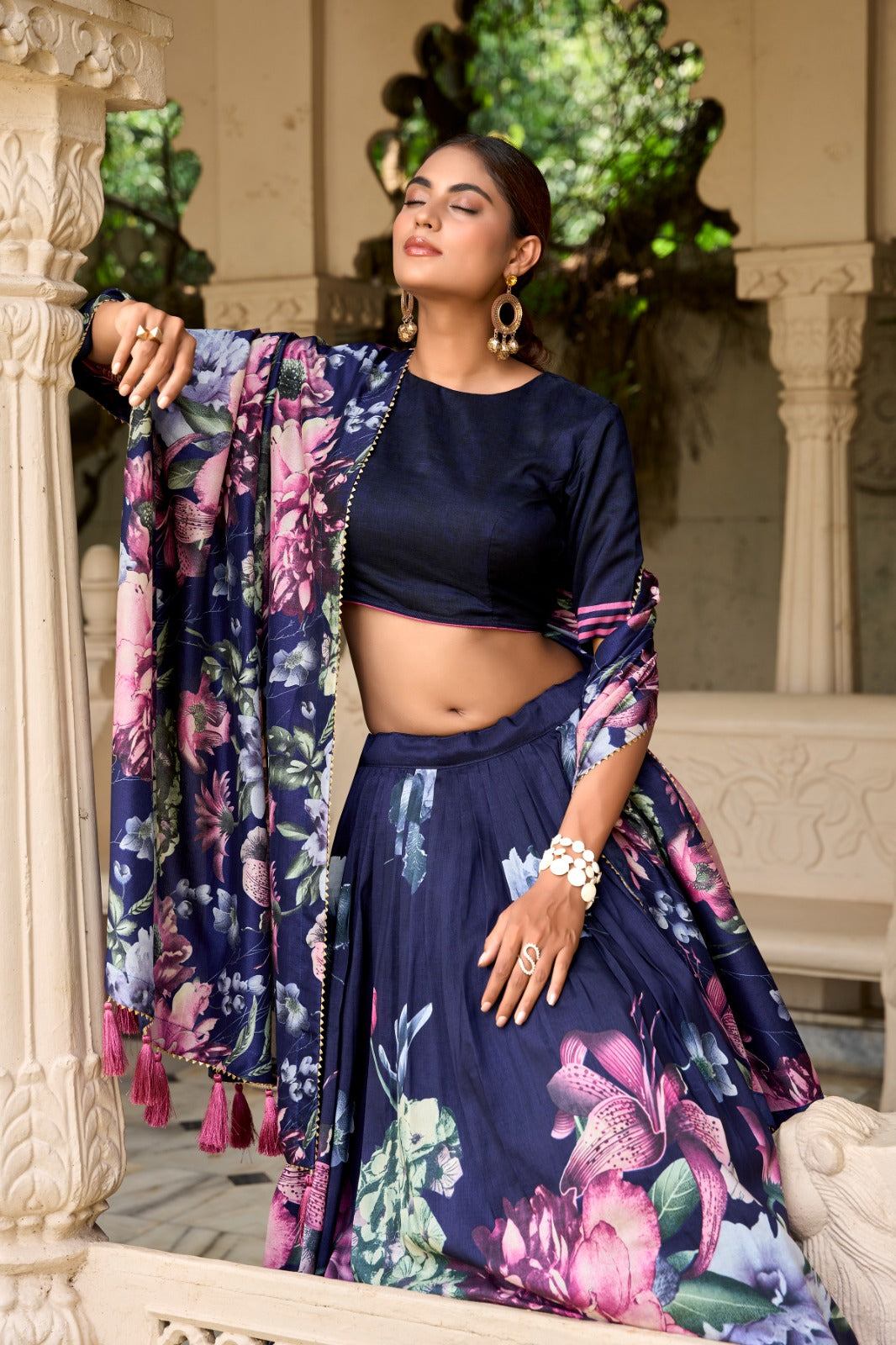 Stylish Tussar Silk Floral Digital Printed Lehenga Choli Set - Ethnicwish