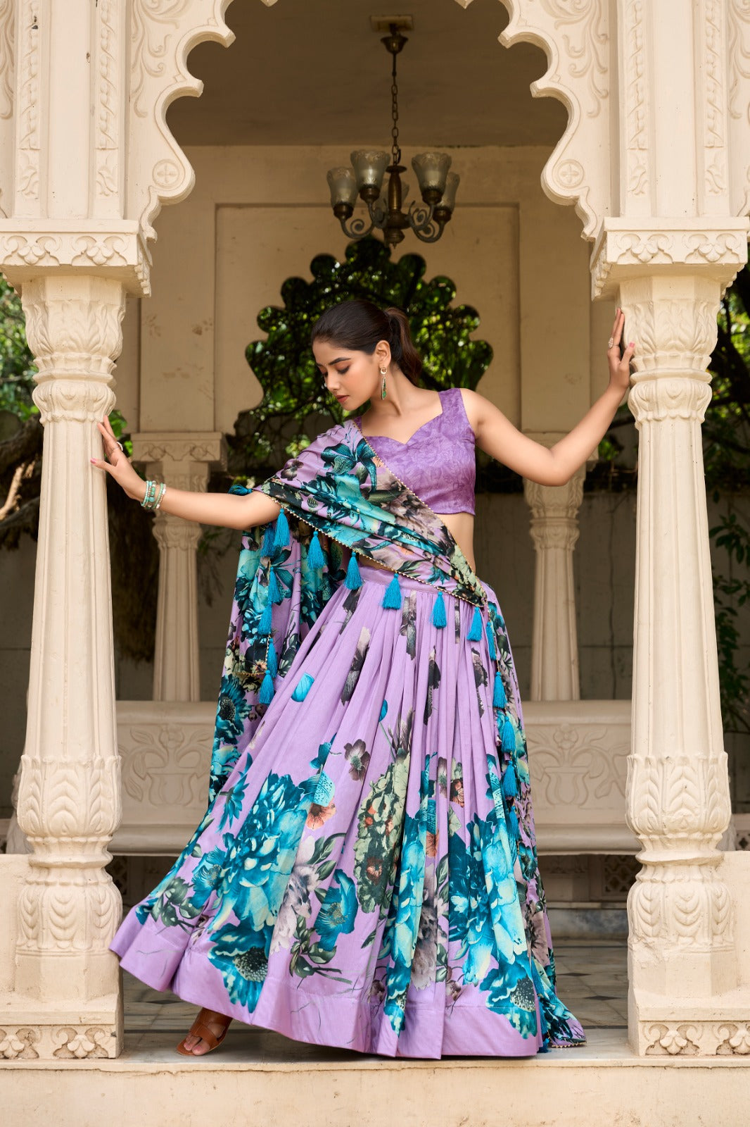 Stylish Tussar Silk Floral Digital Printed Lehenga Choli Set - Ethnicwish