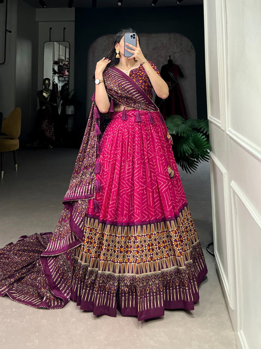 Sumptuous Pink Tussar Silk Bandhej Ajarakh Printed Lehenga Choli - Ethnicwish