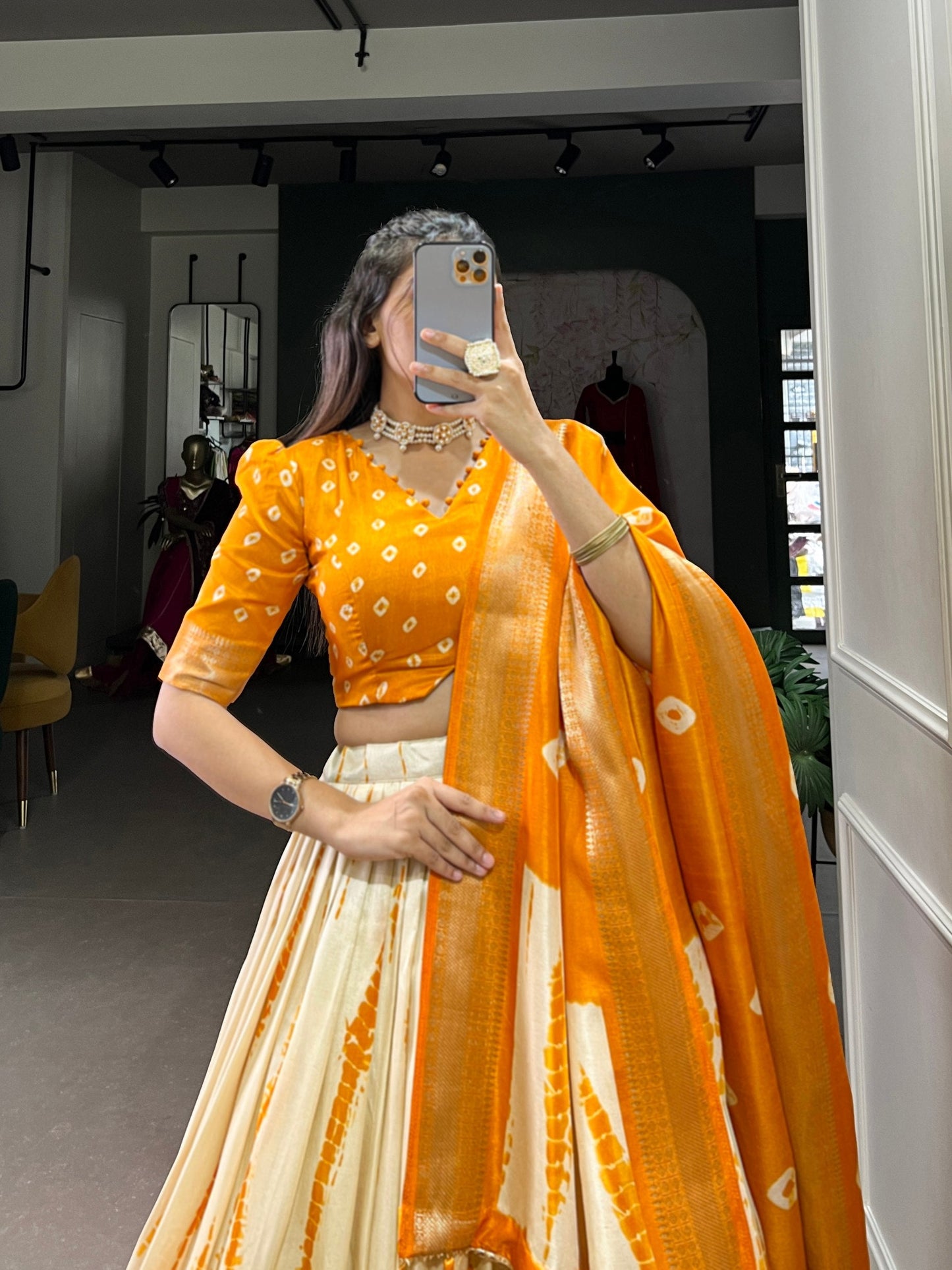 Magnificent Dola Silk Shibori Printed Zari Weaving Border Worked Lehenga Set - Ethnicwish