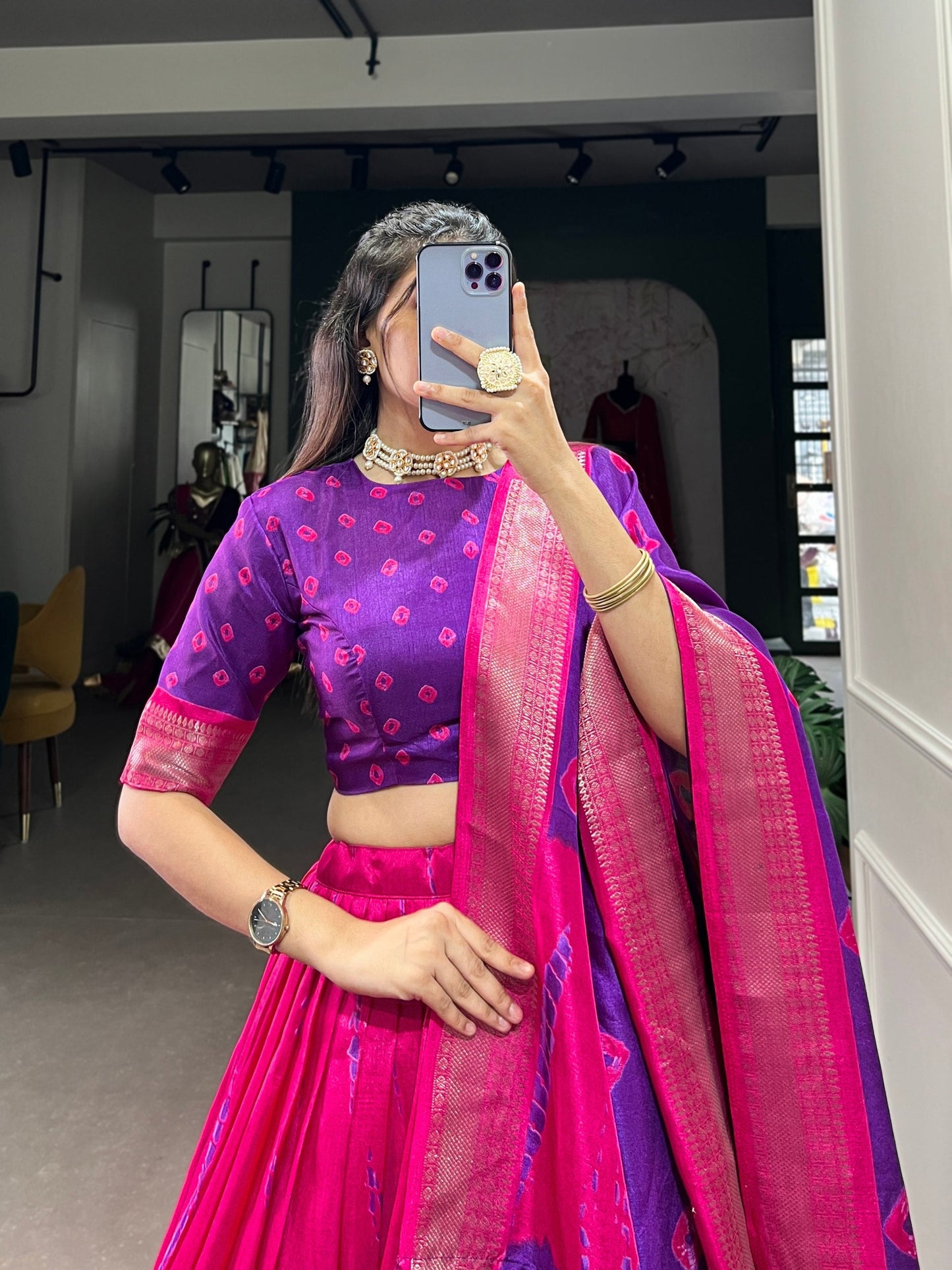 Magnificent Dola Silk Shibori Printed Zari Weaving Border Worked Lehenga Set - Ethnicwish