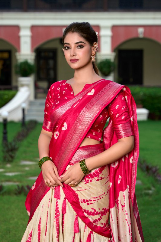 Magnificent Dola Silk Shibori Printed Zari Weaving Border Worked Lehenga Set - Ethnicwish