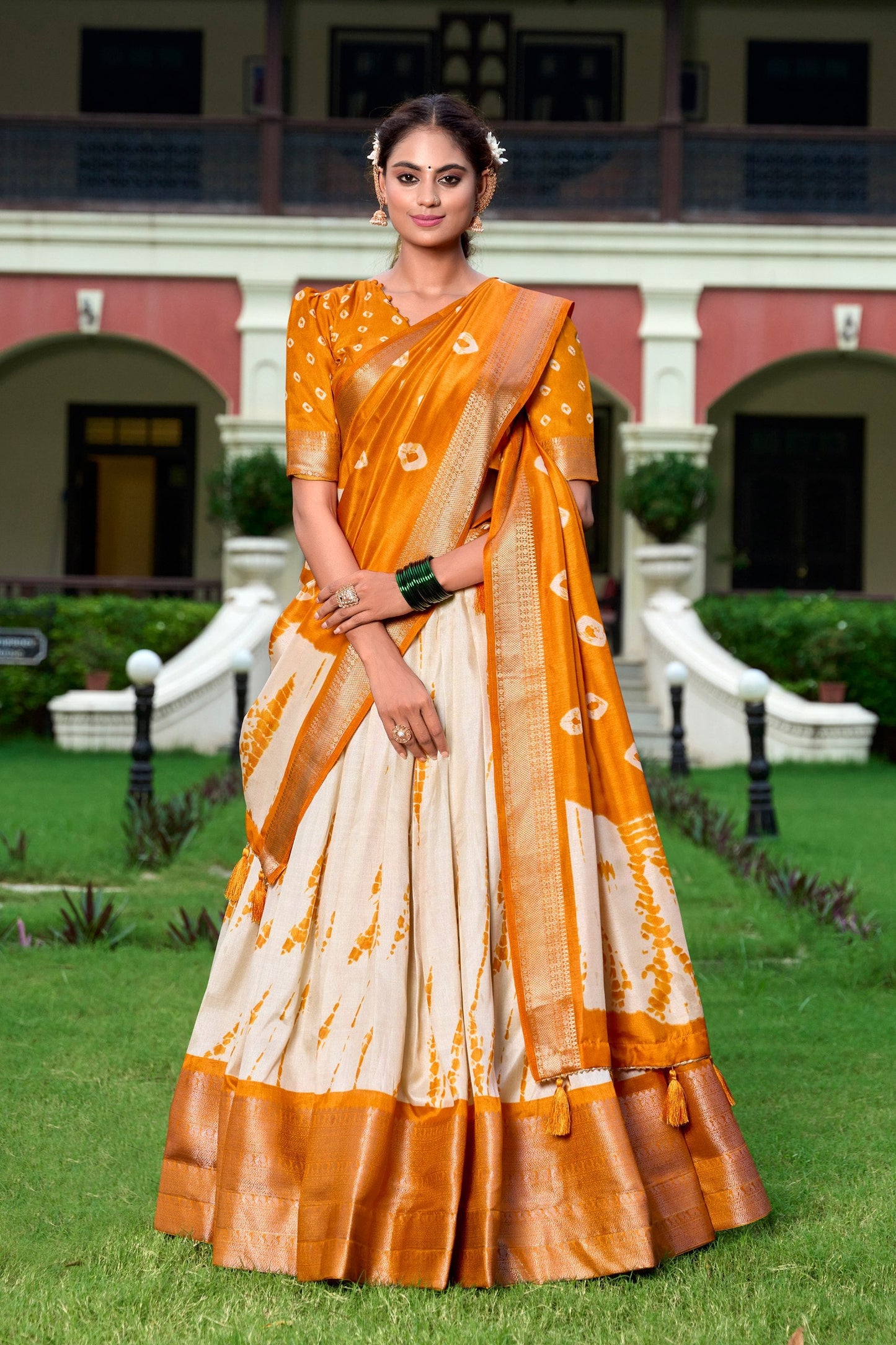 Magnificent Dola Silk Shibori Printed Zari Weaving Border Worked Lehenga Set - Ethnicwish