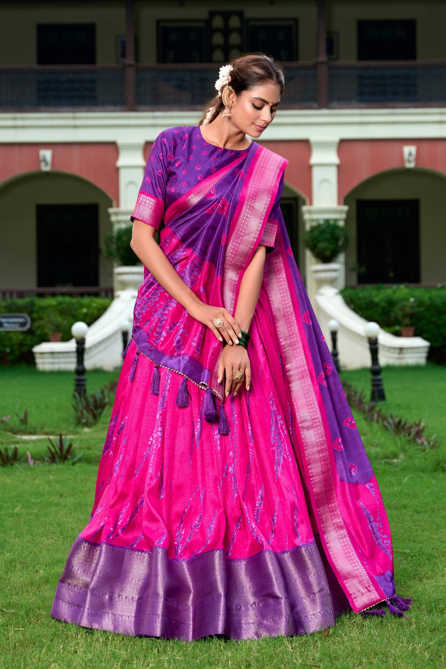 Magnificent Dola Silk Shibori Printed Zari Weaving Border Worked Lehenga Set - Ethnicwish