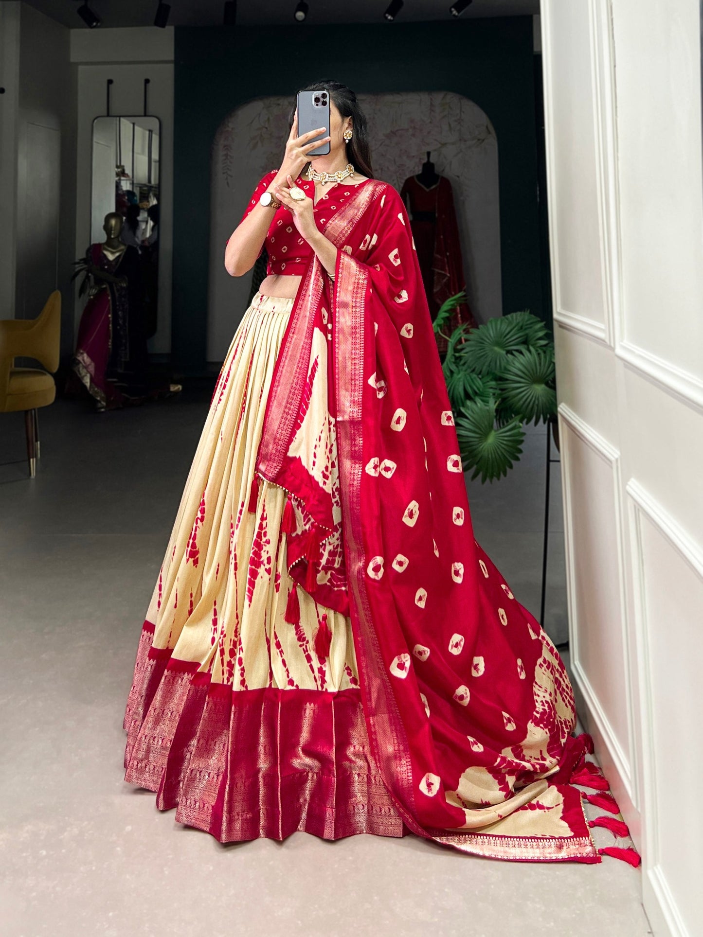 Magnificent Dola Silk Shibori Printed Zari Weaving Border Worked Lehenga Set - Ethnicwish