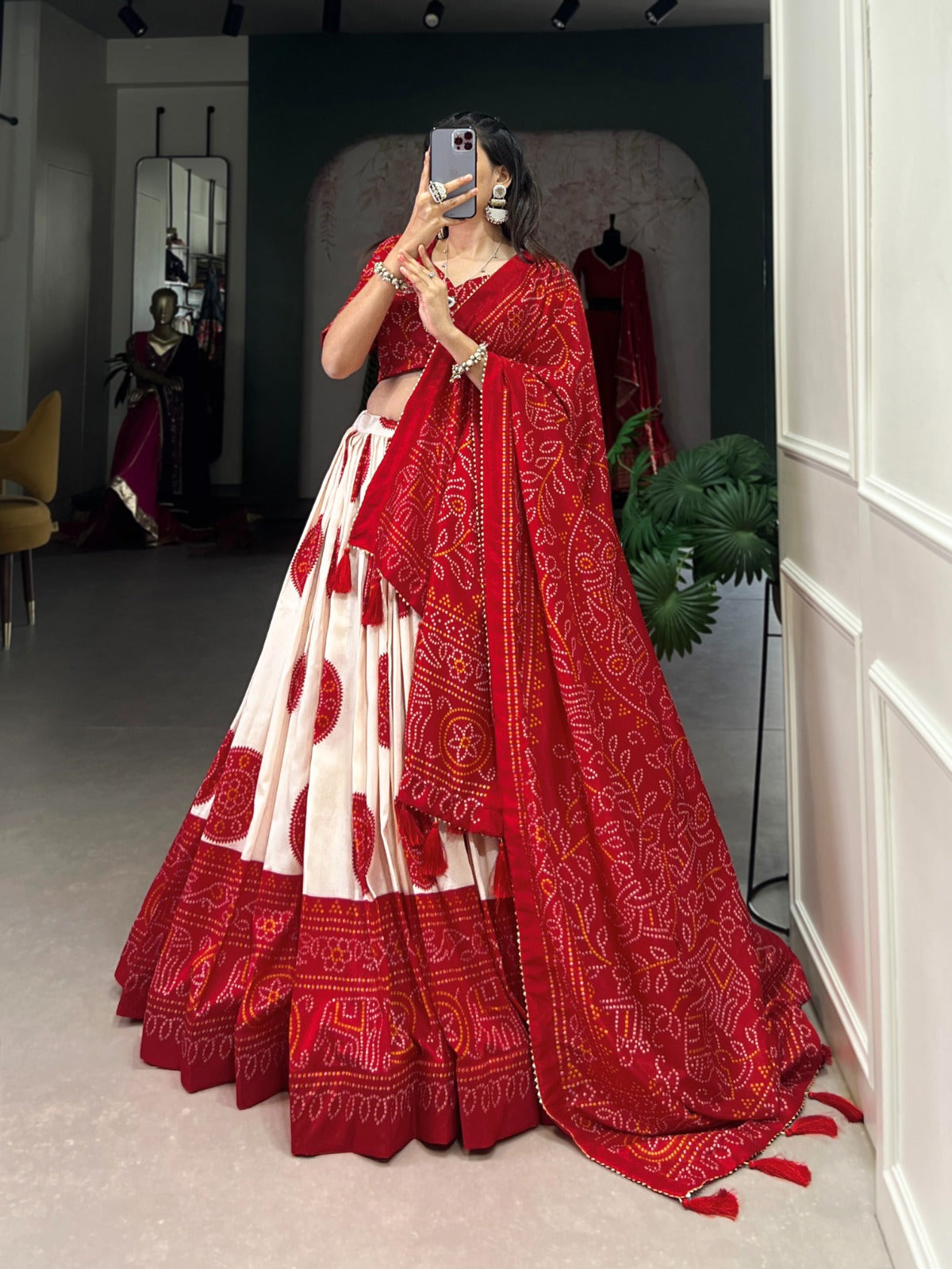Adorable Tussar Silk Bandhej Printed Lehenga Choli Set - Ethnicwish