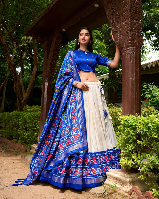 Stunning Royal Blue Tussar Silk Patola Printed Lehenga Choli Set - Ethnicwish
