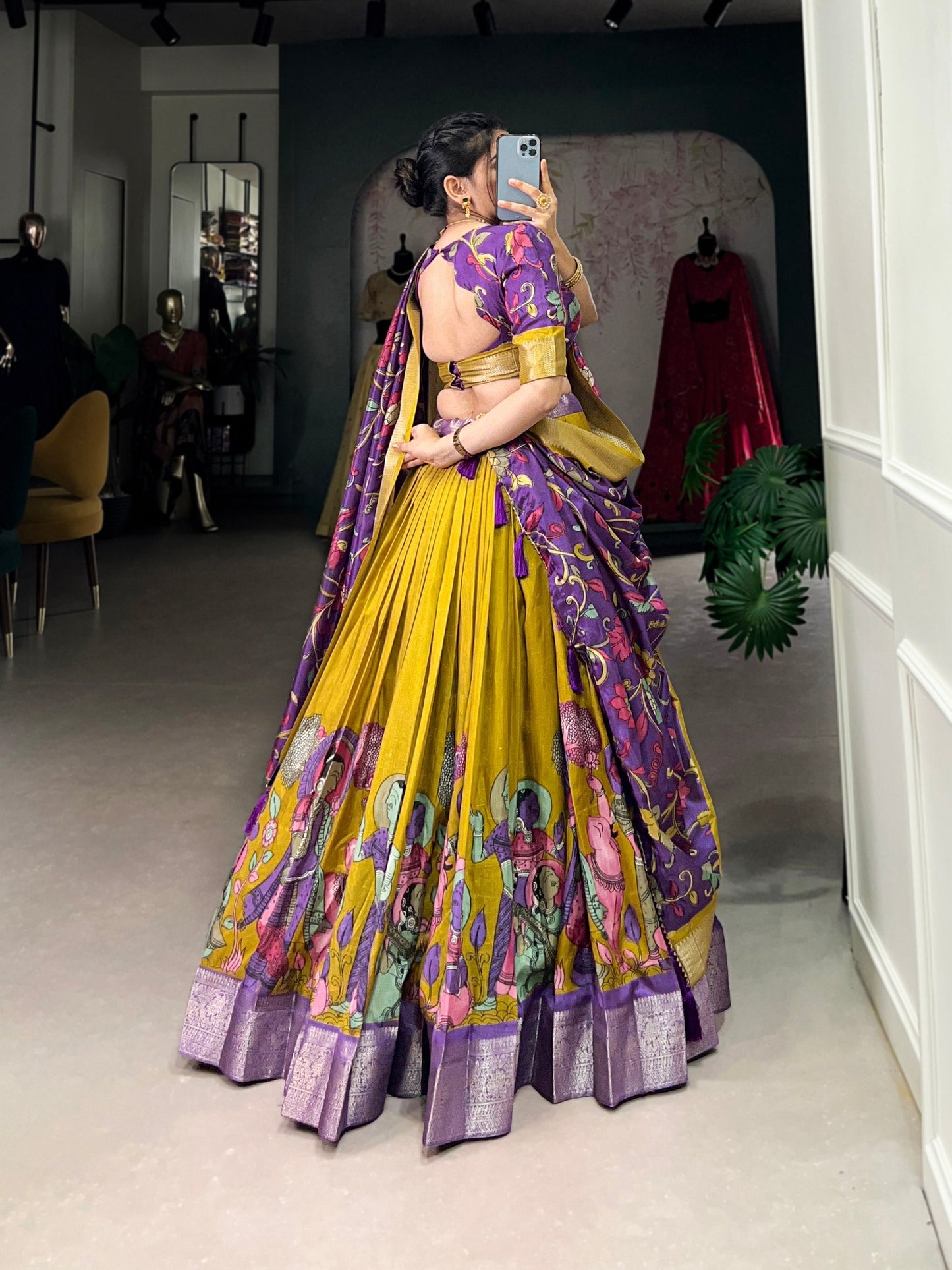 Spectacular Jacquard Silk Kalamkari Printed Lehenga Choli Set - Ethnicwish