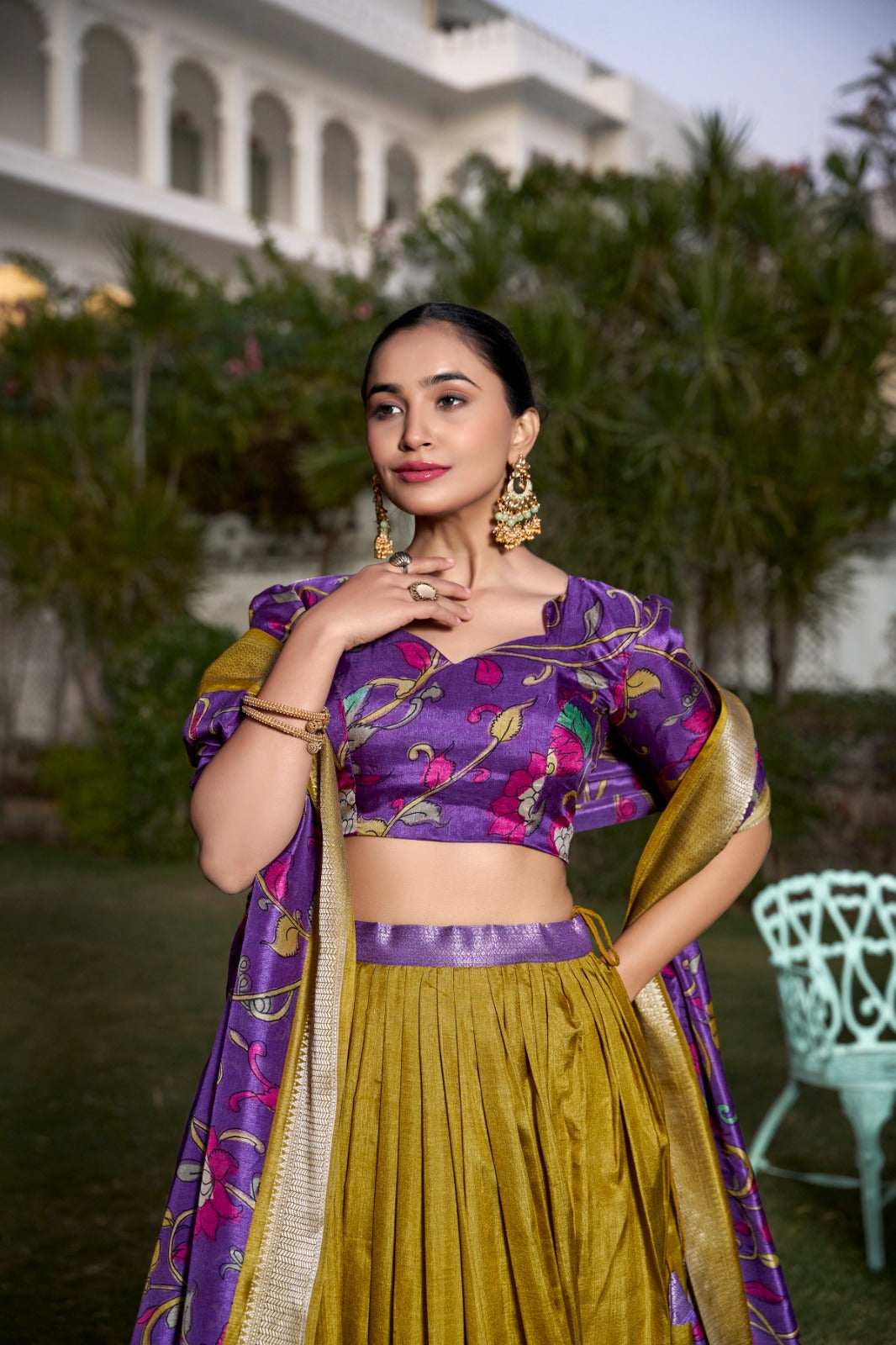 Spectacular Jacquard Silk Kalamkari Printed Lehenga Choli Set - Ethnicwish