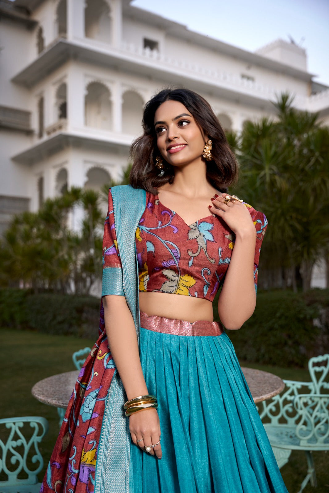 Spectacular Jacquard Silk Kalamkari Printed Lehenga Choli Set - Ethnicwish