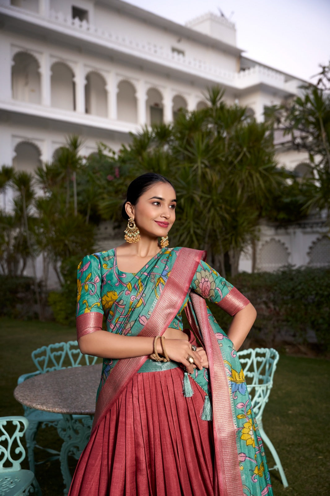 Spectacular Jacquard Silk Kalamkari Printed Lehenga Choli Set - Ethnicwish