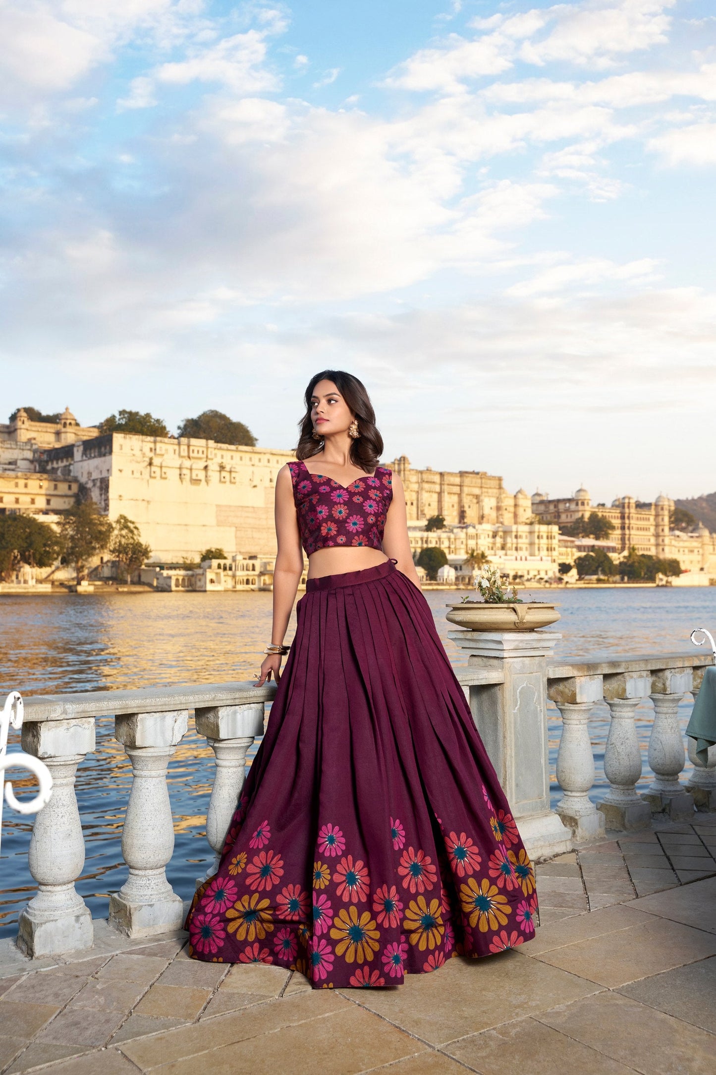 Breathtaking WineFloral Printed Foil Worked Tussar Silk Lehenga Choli - Ethnicwish