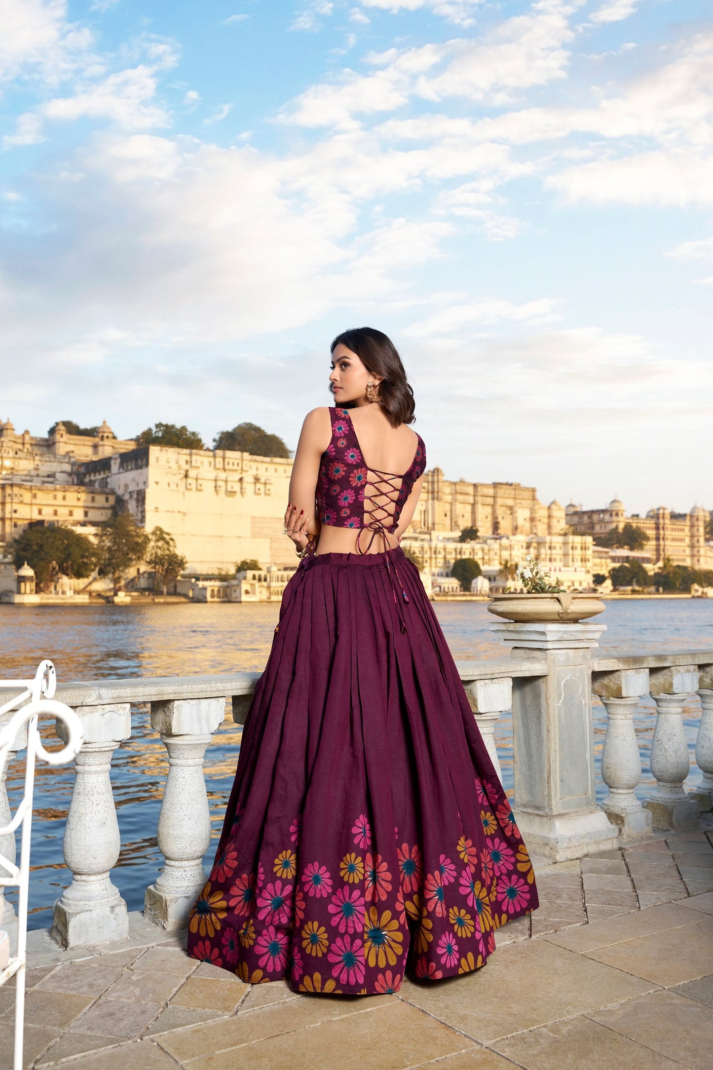 Breathtaking WineFloral Printed Foil Worked Tussar Silk Lehenga Choli - Ethnicwish