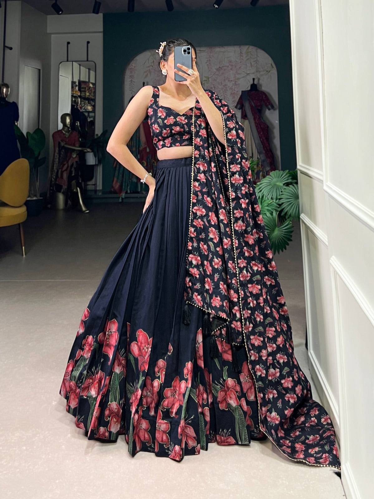 Stunning Tussar Silk Floral Printed Foil Worked Lehenga Choli - Ethnicwish