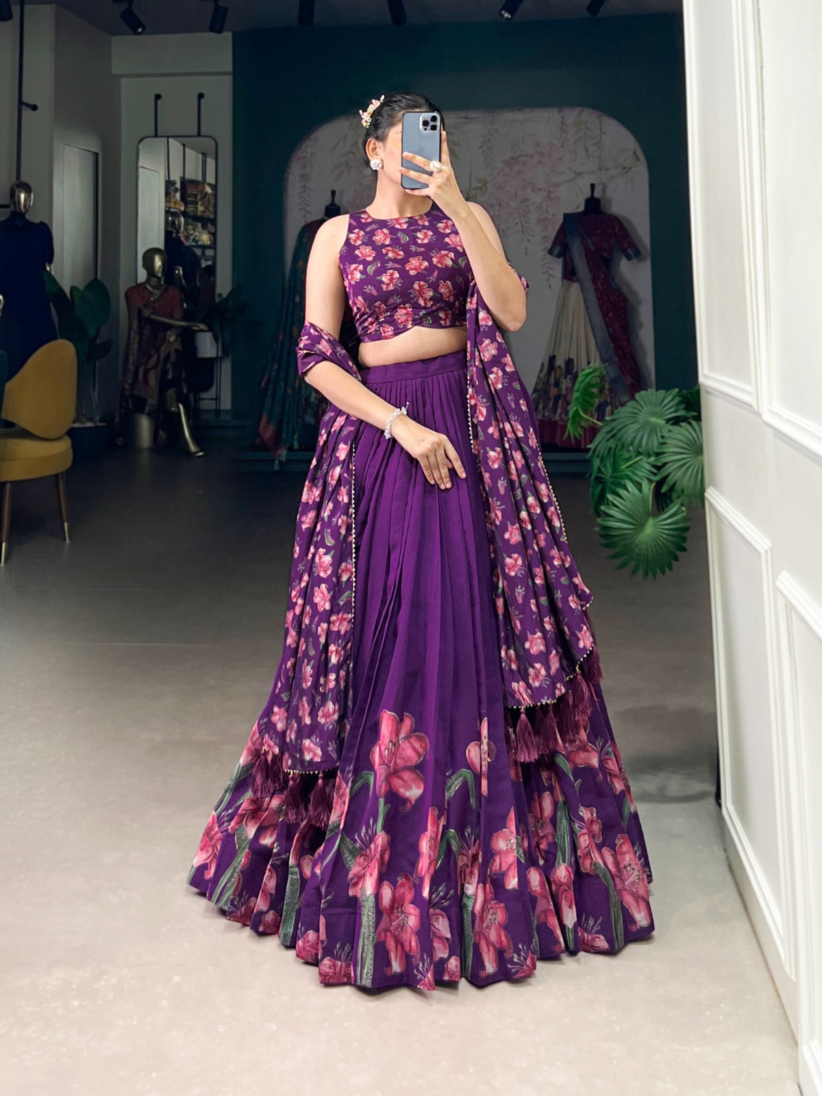 Stunning Tussar Silk Floral Printed Foil Worked Lehenga Choli - Ethnicwish
