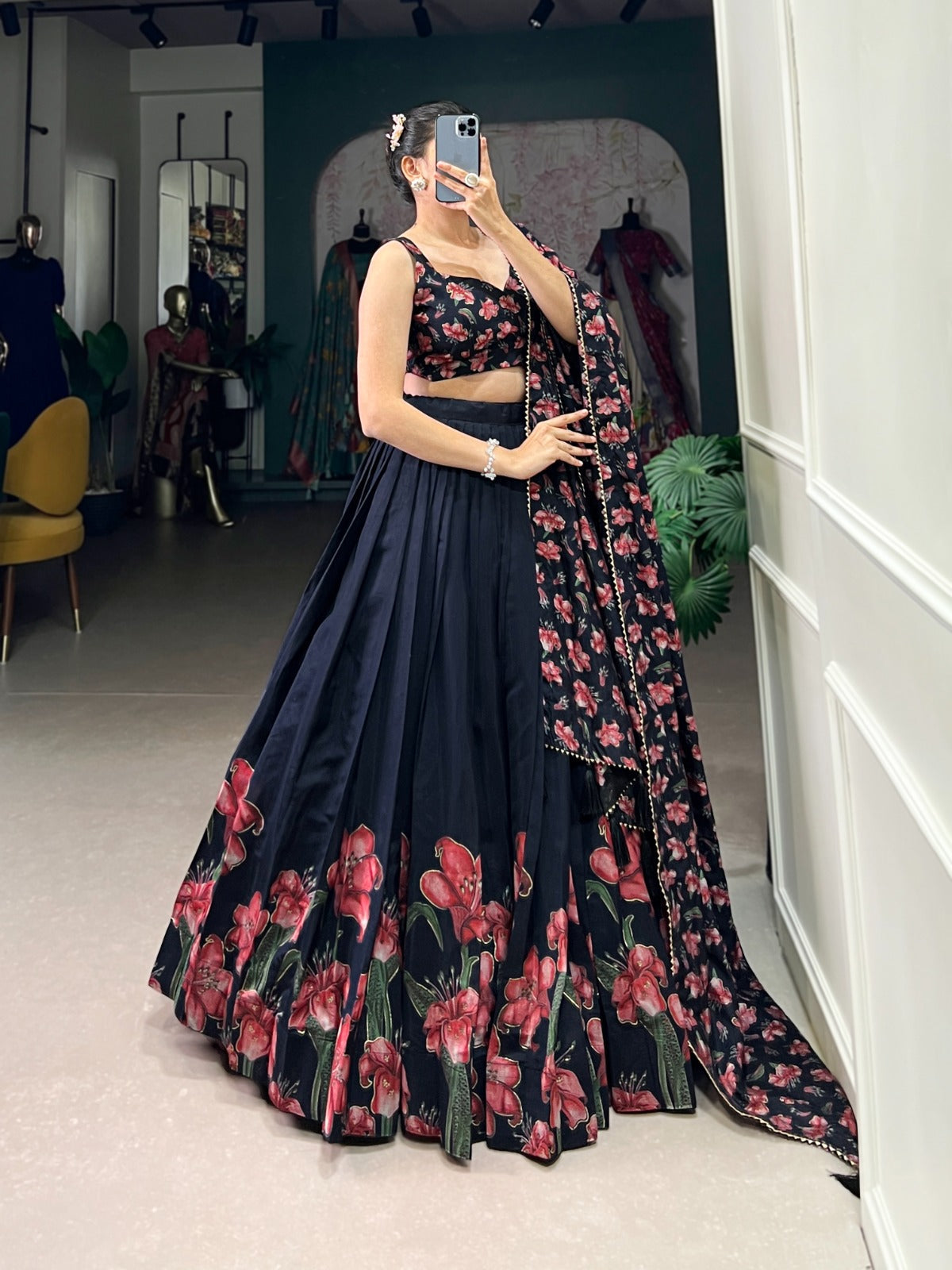 Stunning Tussar Silk Floral Printed Foil Worked Lehenga Choli - Ethnicwish