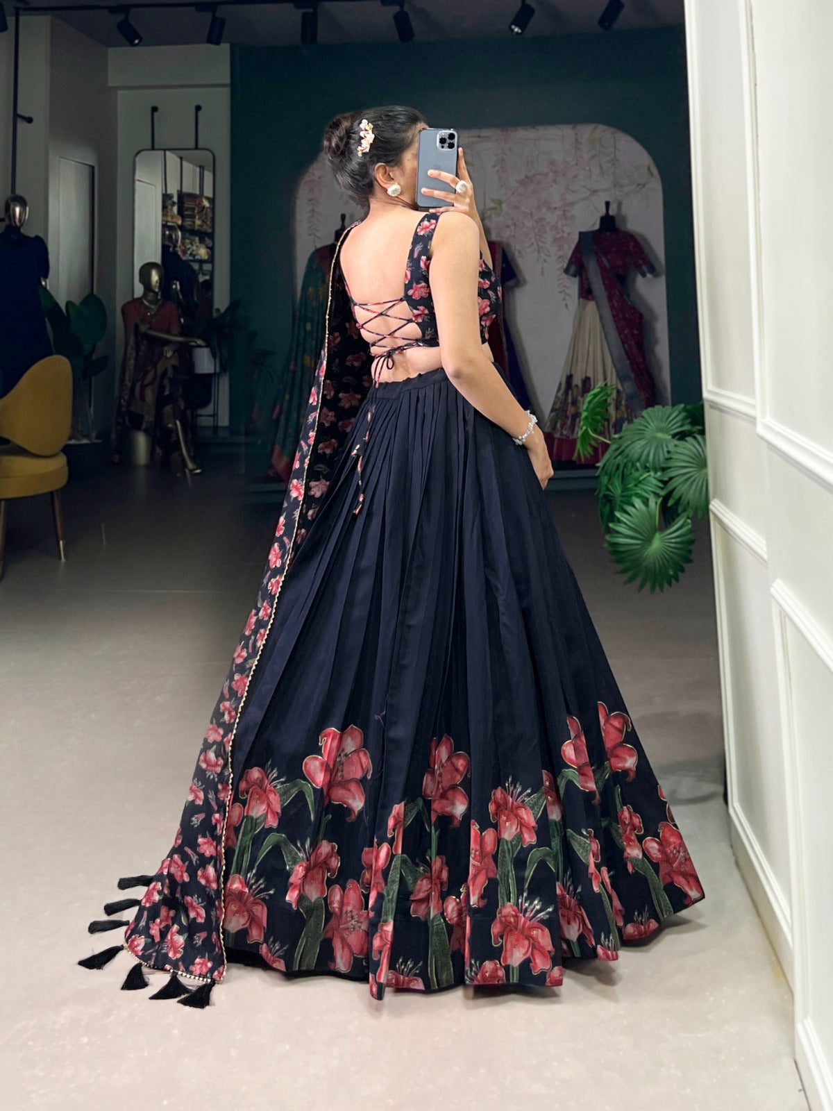 Stunning Tussar Silk Floral Printed Foil Worked Lehenga Choli - Ethnicwish