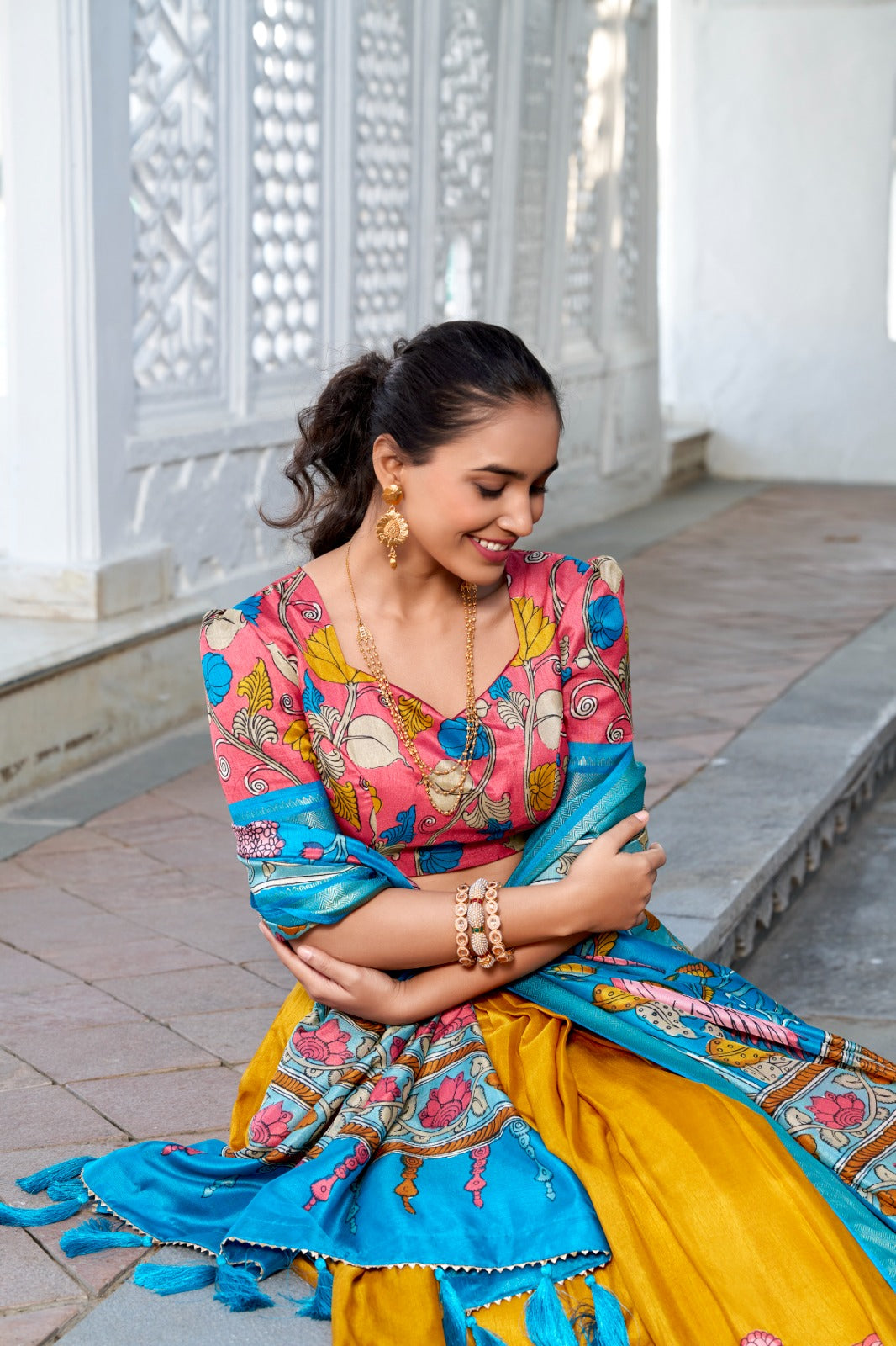 Delightful Jacquard Silk Kalamkari Printed Lehenga Choli Set - Ethnicwish