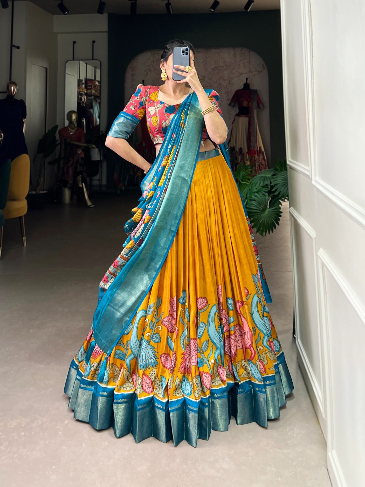Delightful Jacquard Silk Kalamkari Printed Lehenga Choli Set - Ethnicwish