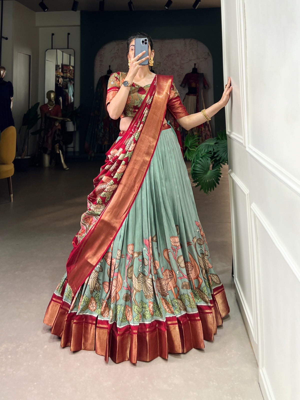 Delightful Jacquard Silk Kalamkari Printed Lehenga Choli Set - Ethnicwish