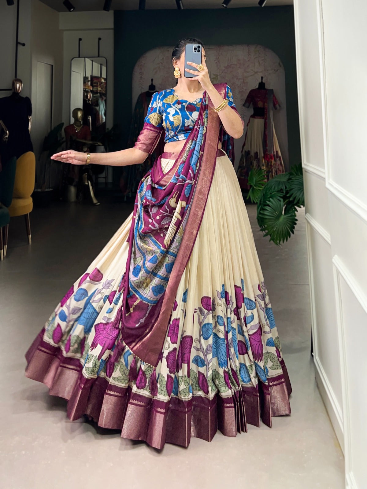 Delightful Jacquard Silk Kalamkari Printed Lehenga Choli Set - Ethnicwish