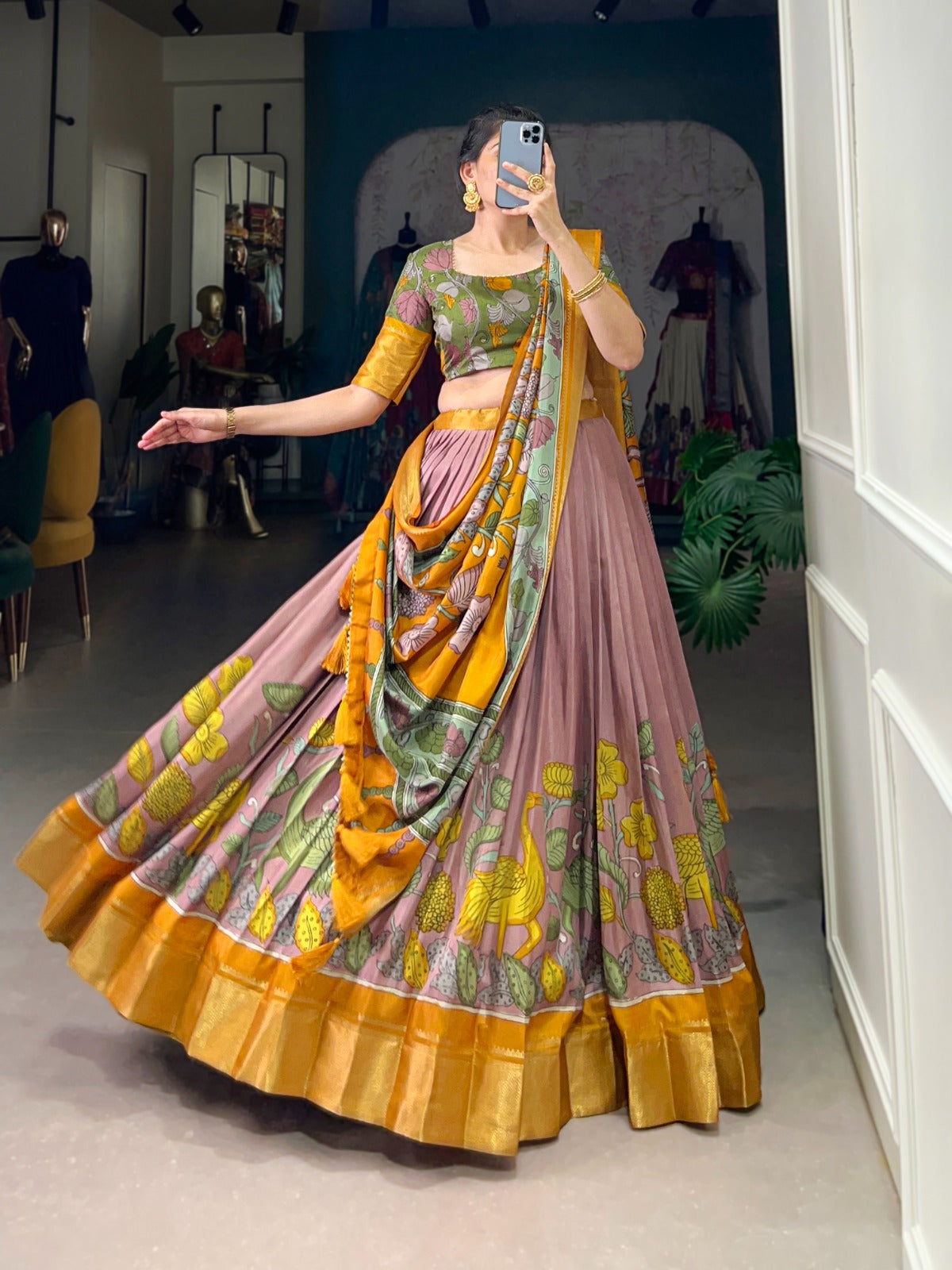 Delightful Jacquard Silk Kalamkari Printed Lehenga Choli Set - Ethnicwish