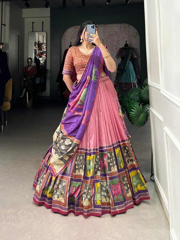 Fabulous Tussar Silk Kalamkari Printed Foil Worked Lehenga Choli - Ethnicwish