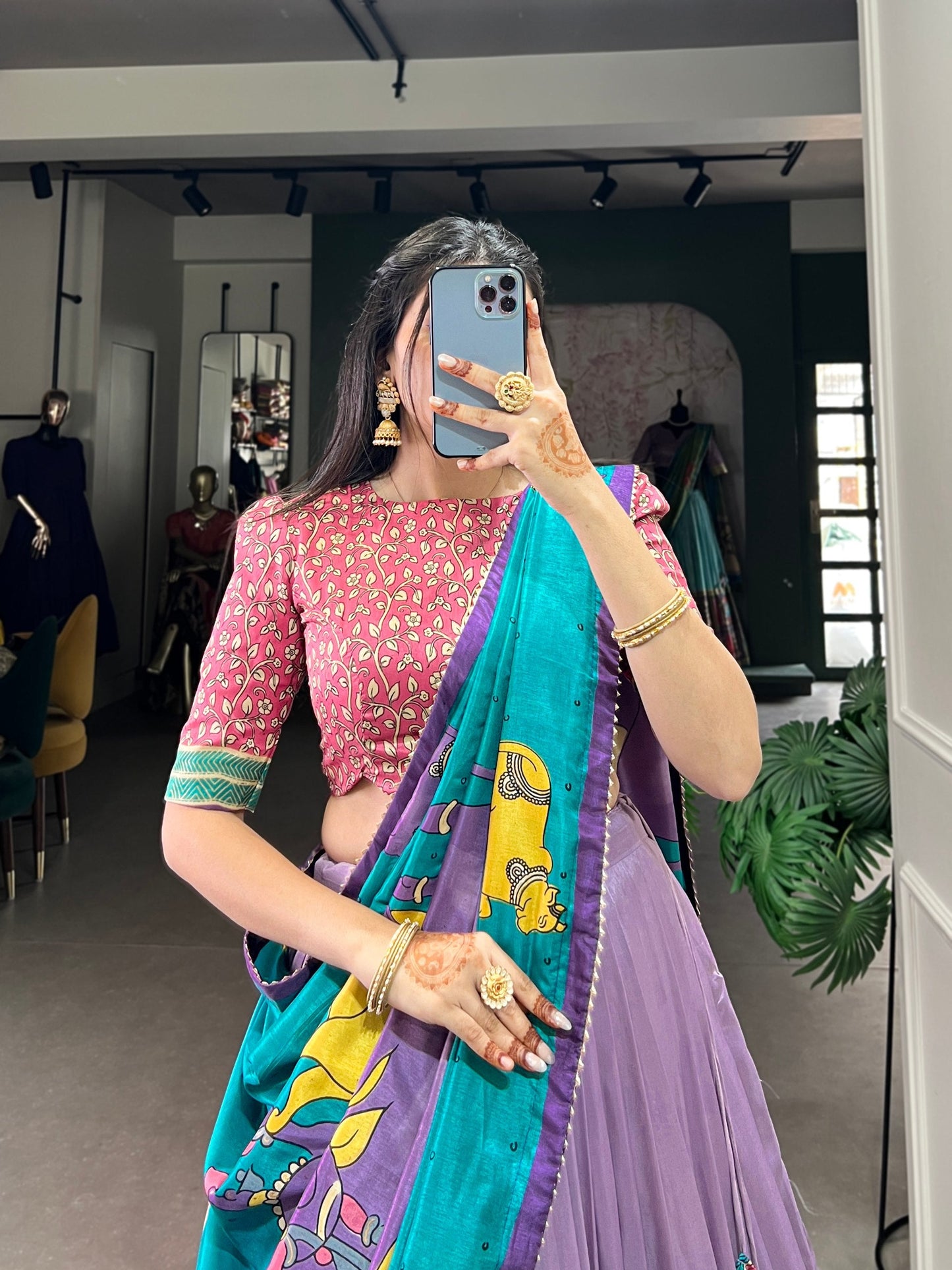 Fabulous Tussar Silk Kalamkari Printed Foil Worked Lehenga Choli - Ethnicwish