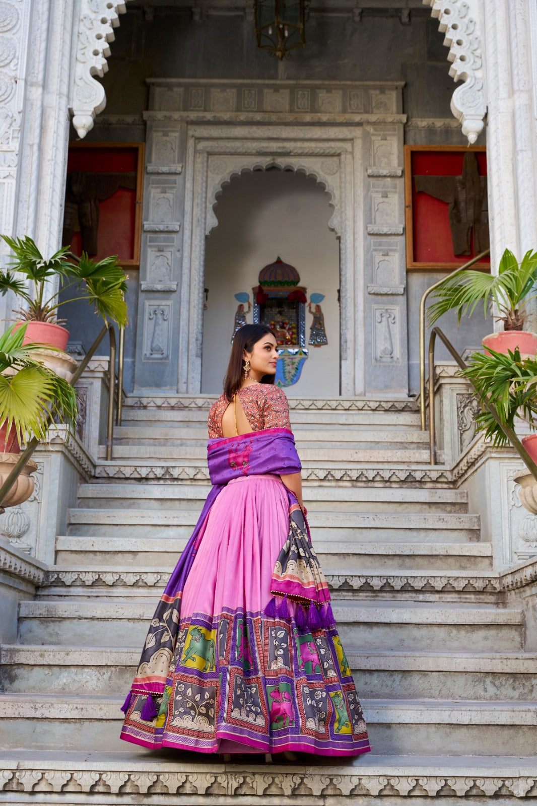 Fabulous Tussar Silk Kalamkari Printed Foil Worked Lehenga Choli - Ethnicwish