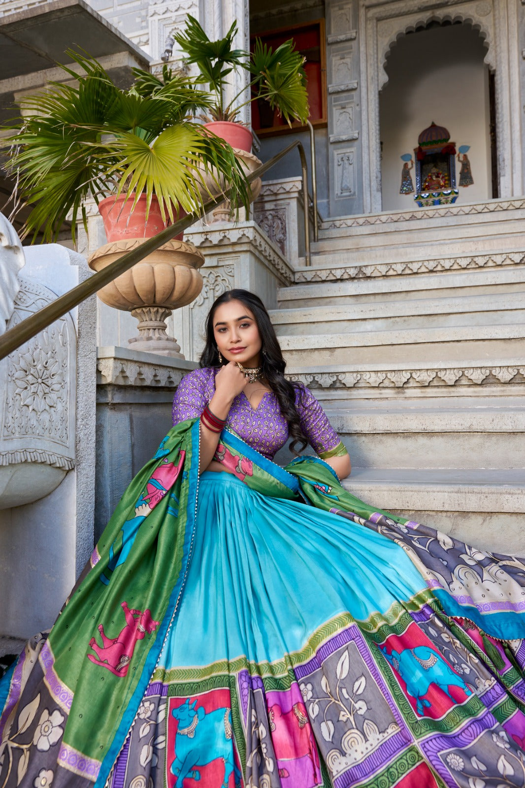 Fabulous Tussar Silk Kalamkari Printed Foil Worked Lehenga Choli - Ethnicwish