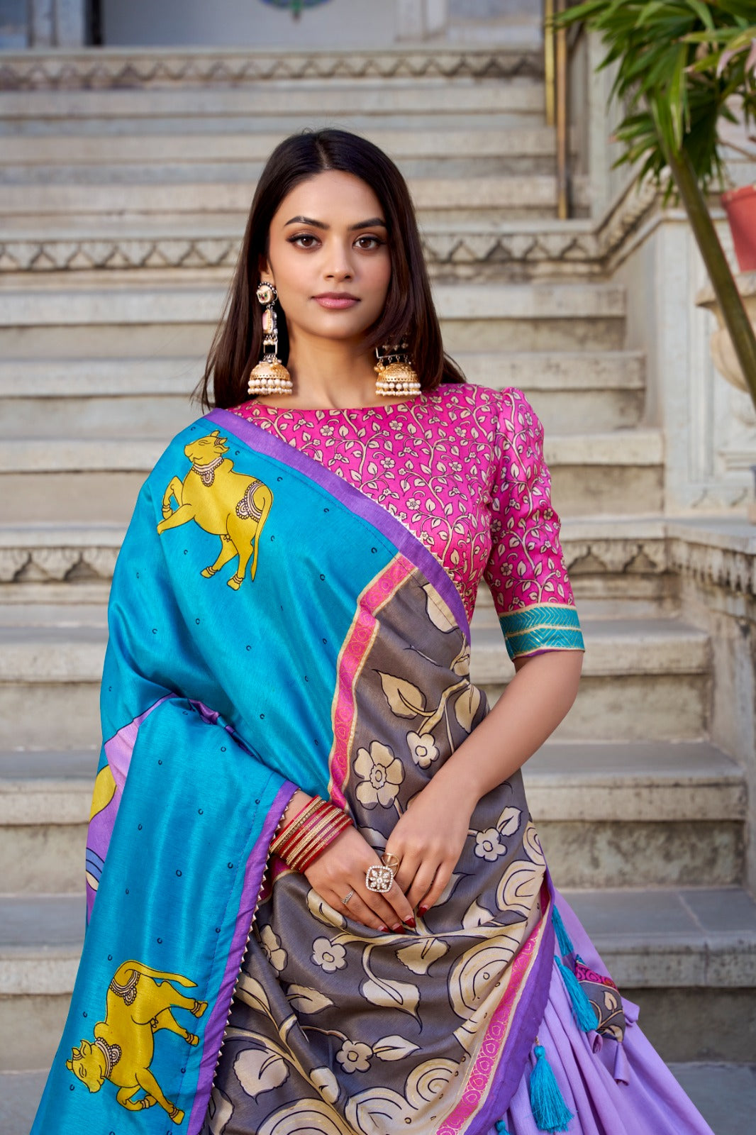 Fabulous Tussar Silk Kalamkari Printed Foil Worked Lehenga Choli - Ethnicwish