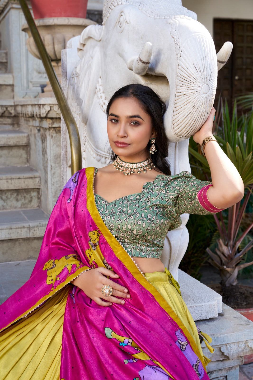 Fabulous Tussar Silk Kalamkari Printed Foil Worked Lehenga Choli - Ethnicwish