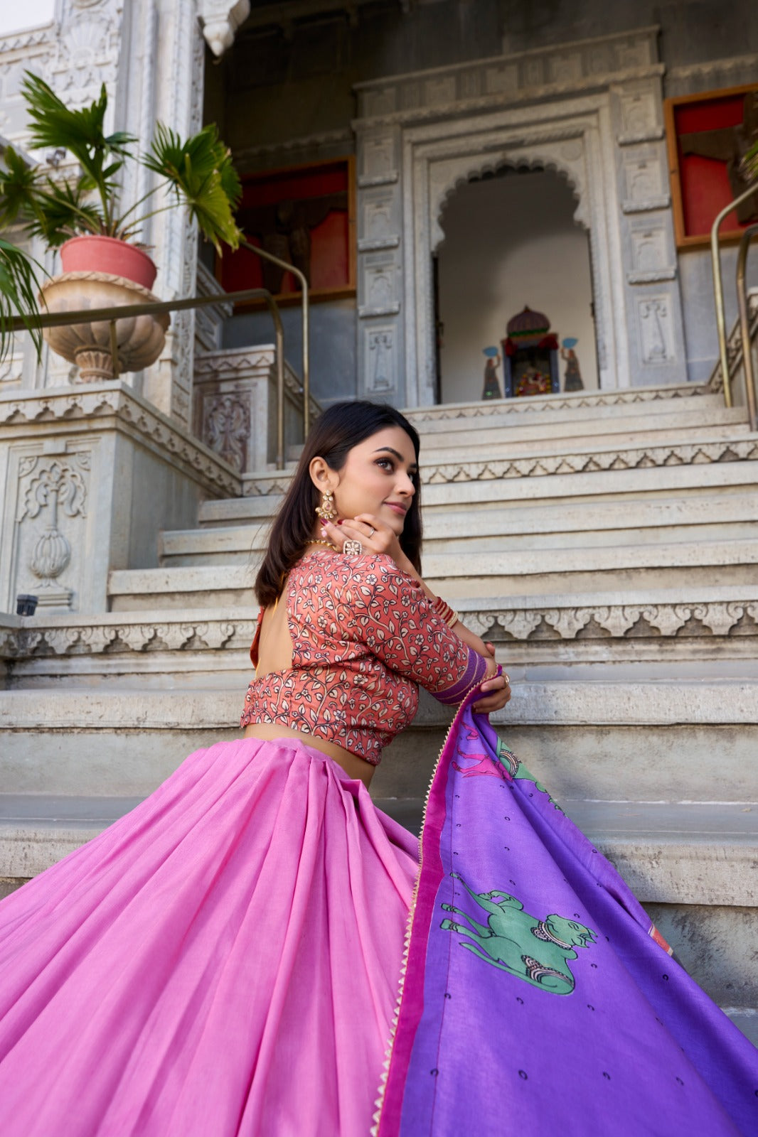 Fabulous Tussar Silk Kalamkari Printed Foil Worked Lehenga Choli - Ethnicwish