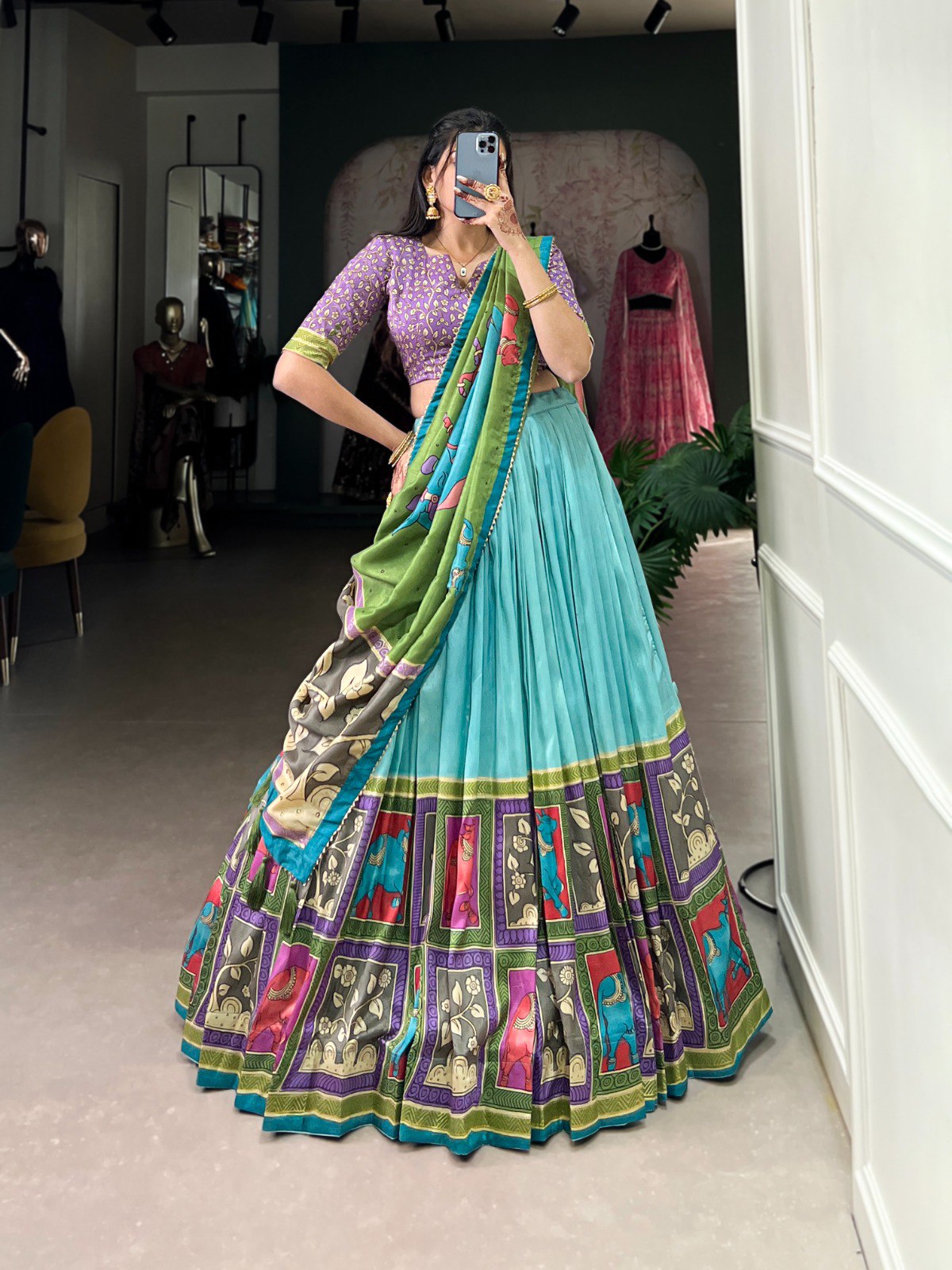 Fabulous Tussar Silk Kalamkari Printed Foil Worked Lehenga Choli - Ethnicwish