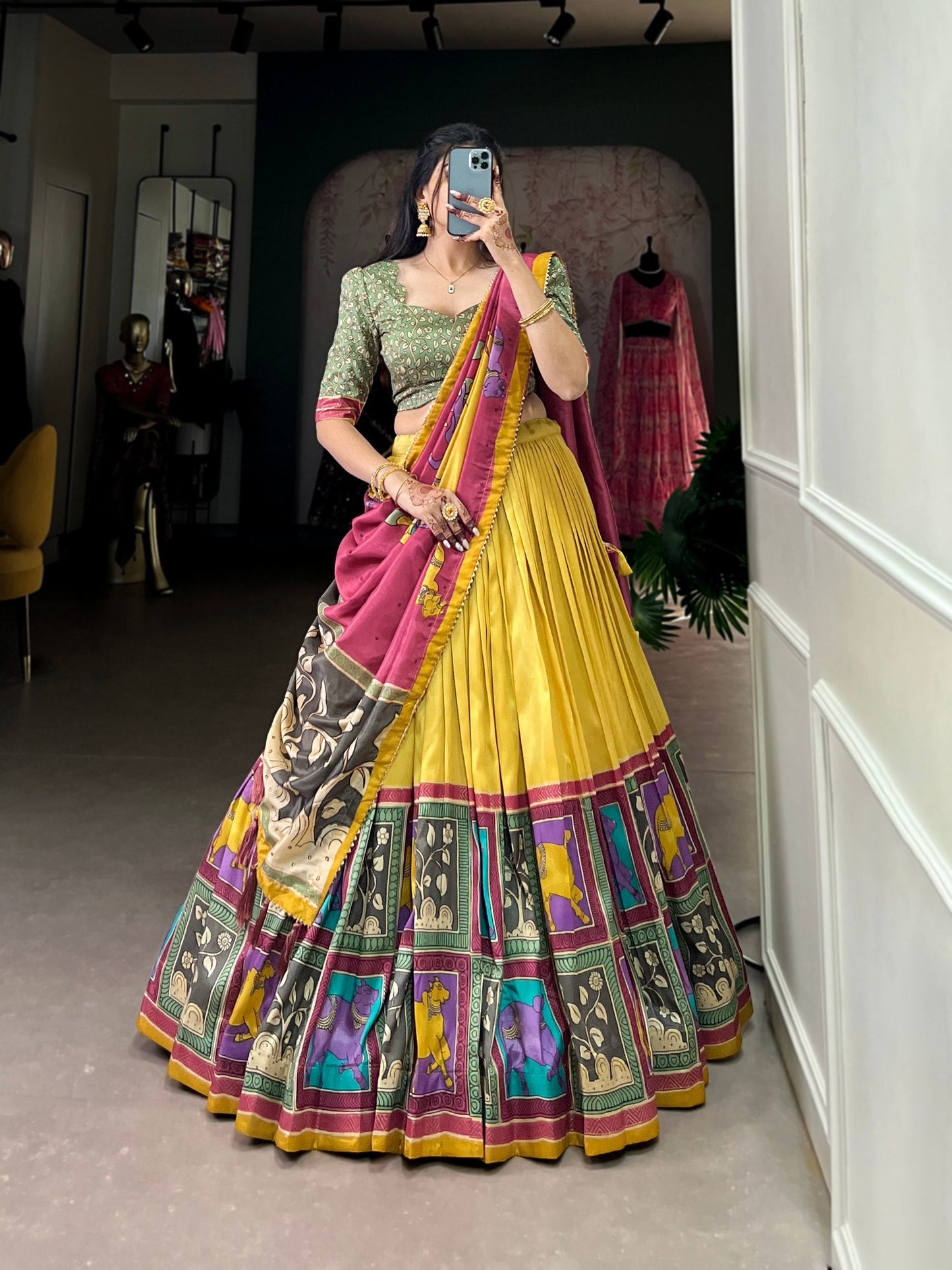 Fabulous Tussar Silk Kalamkari Printed Foil Worked Lehenga Choli - Ethnicwish