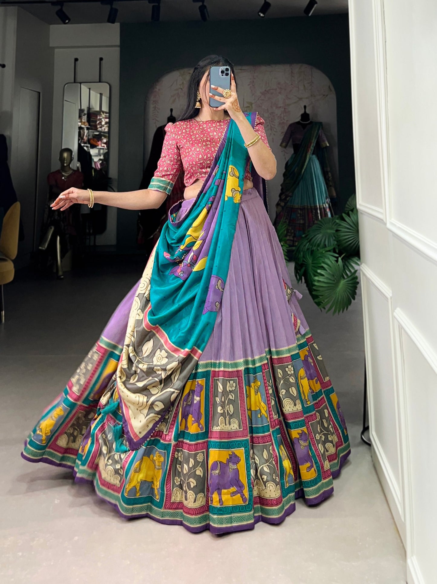 Fabulous Tussar Silk Kalamkari Printed Foil Worked Lehenga Choli - Ethnicwish