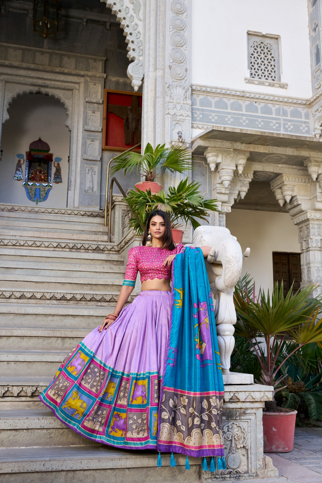 Fabulous Tussar Silk Kalamkari Printed Foil Worked Lehenga Choli - Ethnicwish