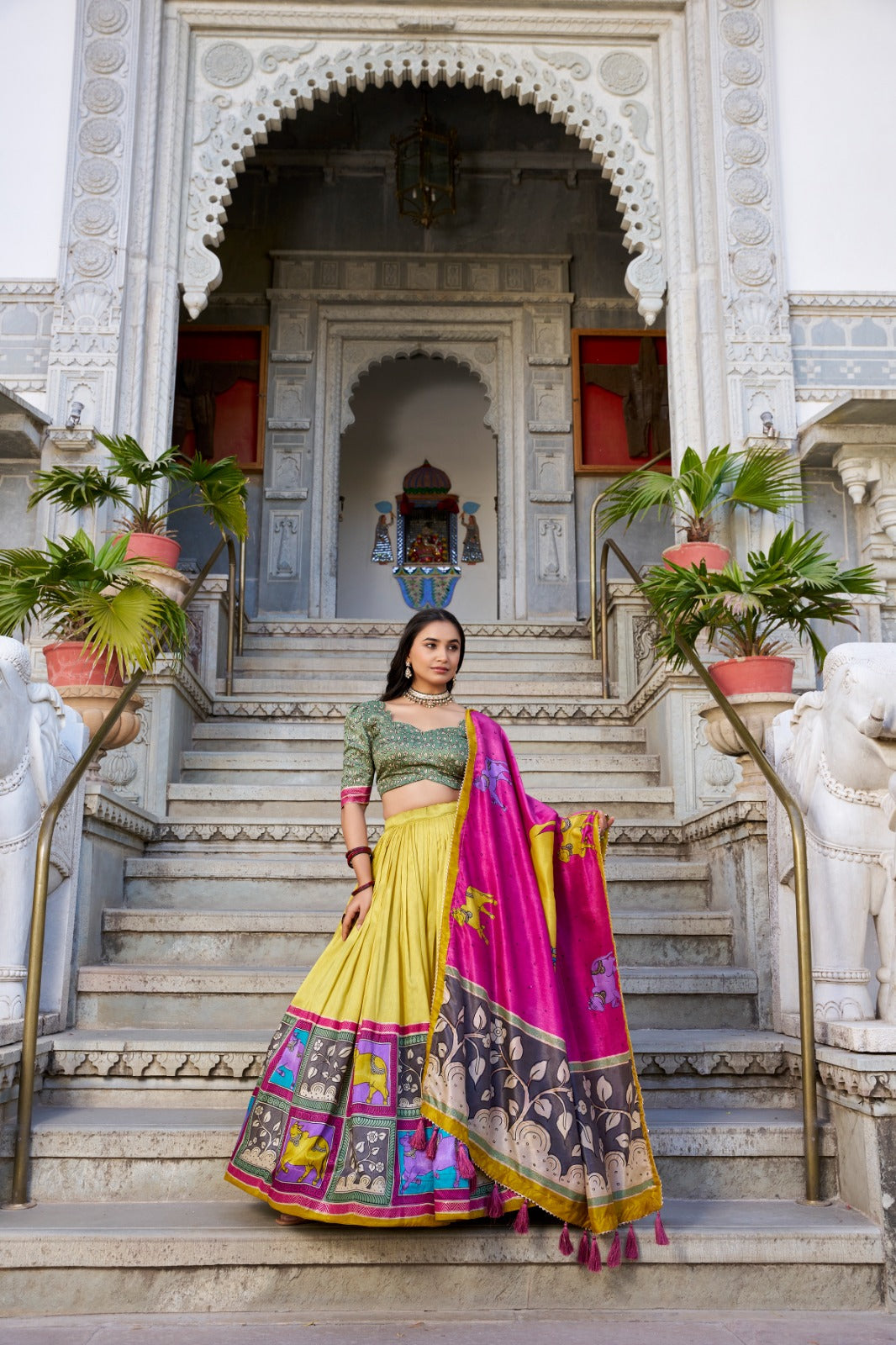 Fabulous Tussar Silk Kalamkari Printed Foil Worked Lehenga Choli - Ethnicwish