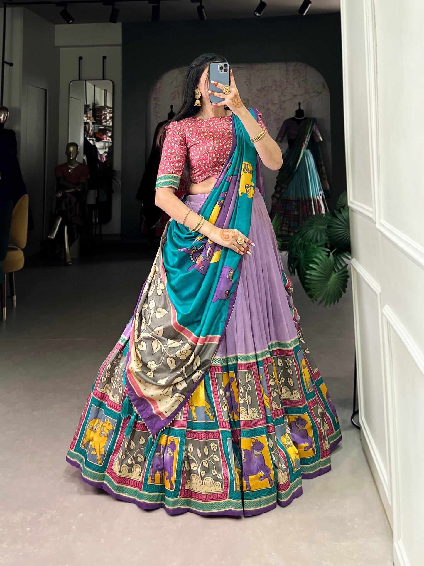 Fabulous Tussar Silk Kalamkari Printed Foil Worked Lehenga Choli - Ethnicwish